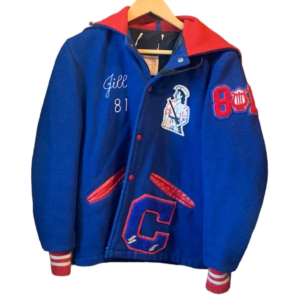 Vintage 1981 Letterman Jacket w/Zip Up Hood Blue & Red Sz S-M Unisex